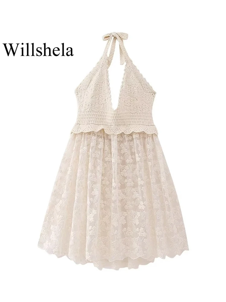 

Willshela Women Fashion Embroidery Patchwork Beige Backless Knitted Mini Dress Vintage Halter Neck Female Chic Lady Dresses