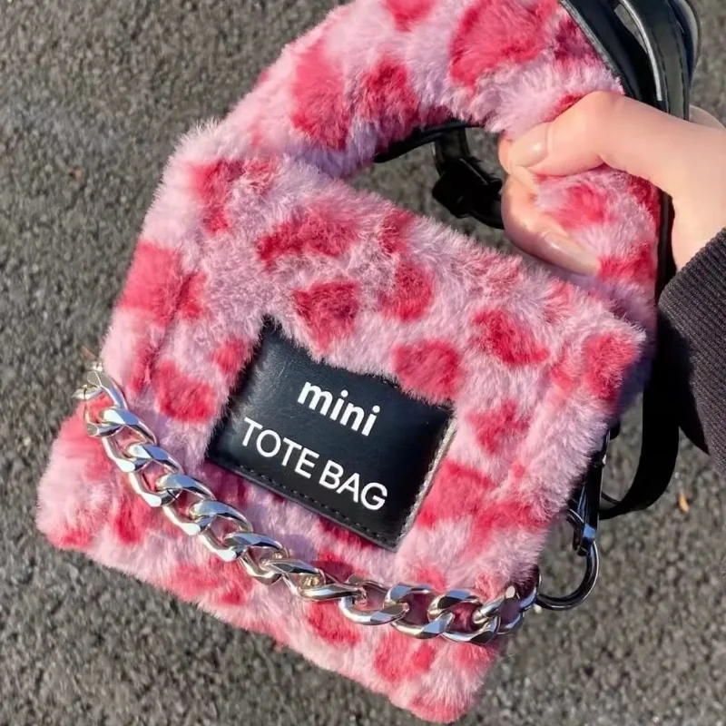 

Women's Winter Design Satchels Handbags Female Bag Faux Fur Purses Leopard Shoulder Totes Female mini phone Bag