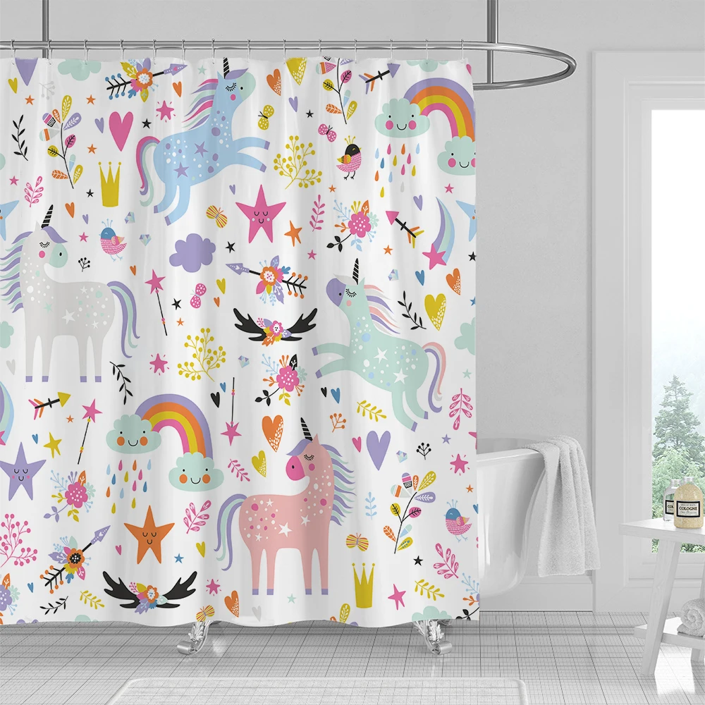

Rainbow Unicorns Shower Curtain Kids Pink Baby Girl Animal Bathroom Decor Waterproof Polyester Fabric Shower Curtain with Hooks
