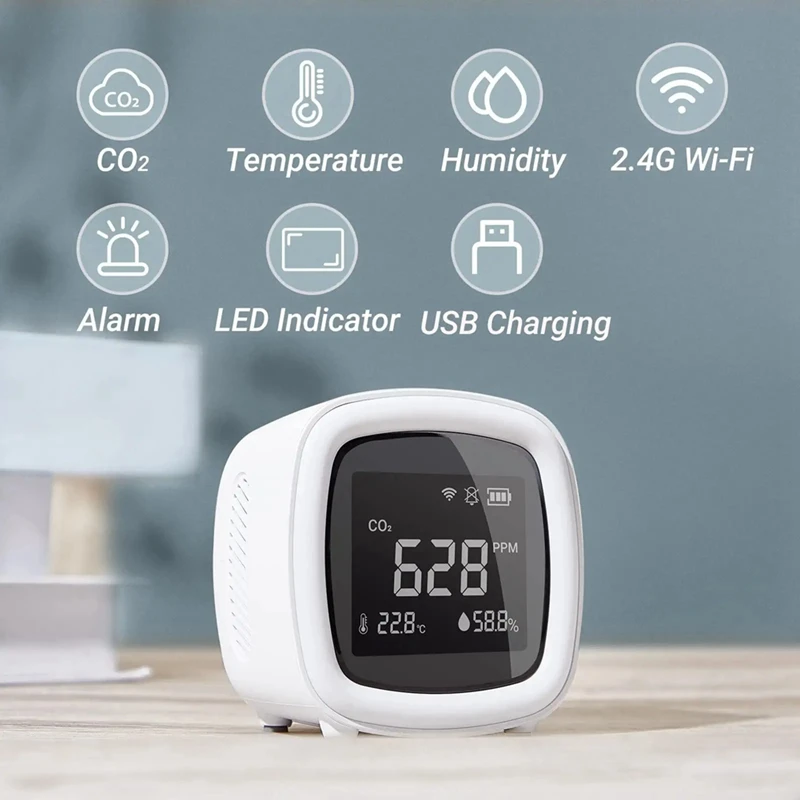 

CO2 Air Detector Wifi 3-In-1 Indoor CO2 Detector Detects CO2 Temperature Humidity In Home Office Light-And-Sound Dual Alarm
