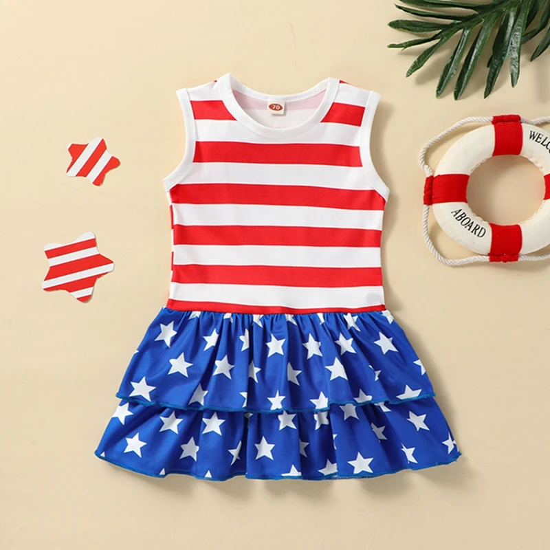 

Listenwind 6M-3Y Kids Girl Dresses Sleeveless Round Neck Star Striped Independence Day Layered Ruffled Casual Princess Dress