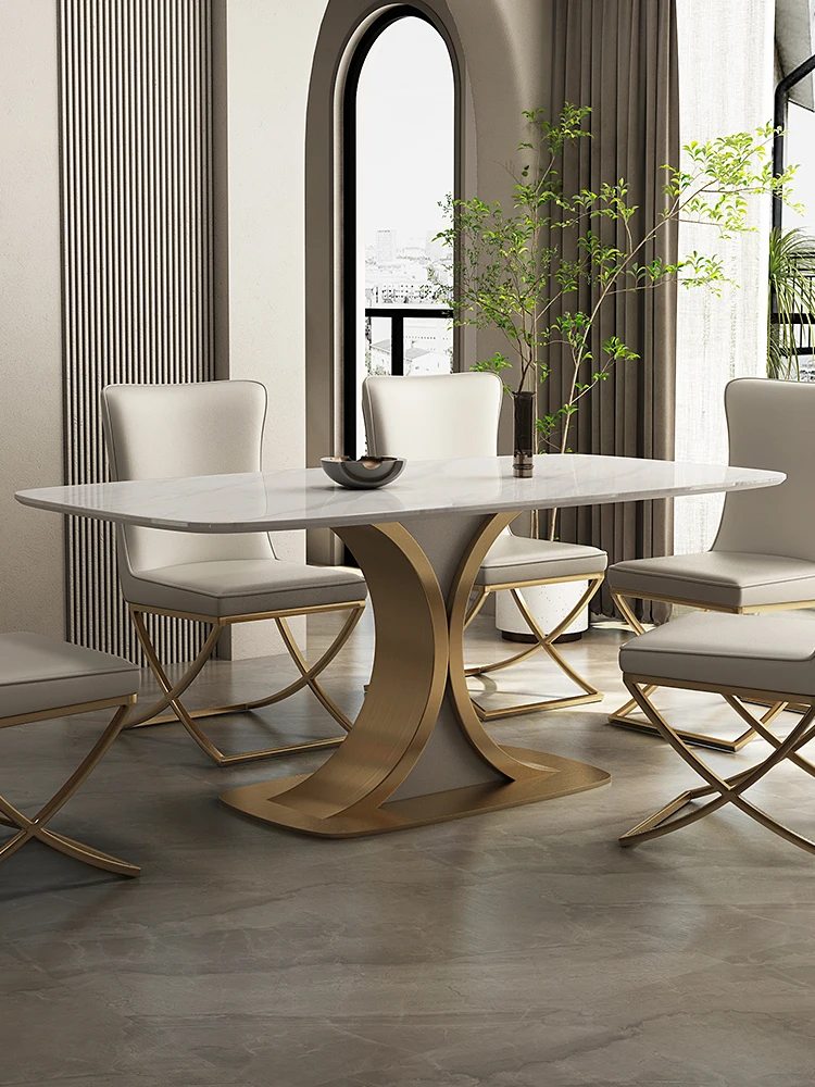 

Champagne gold plating creative light luxury rock plate marble dining table and chair combination household high-grade rectangul
