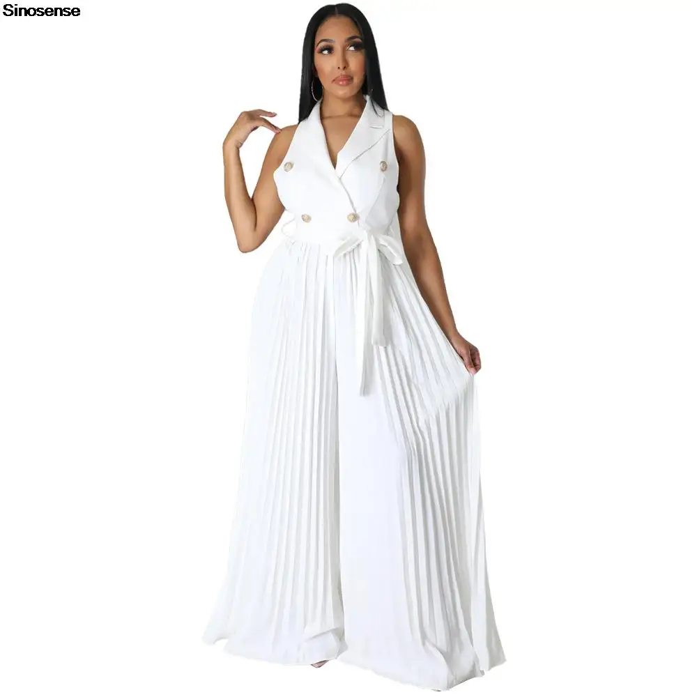 

Women Pleated Button Down V Neck Sleeveless Jumpsuit Elegant Work Office Jumpsuit Ins Streetwear Club Party One Piece Rompers