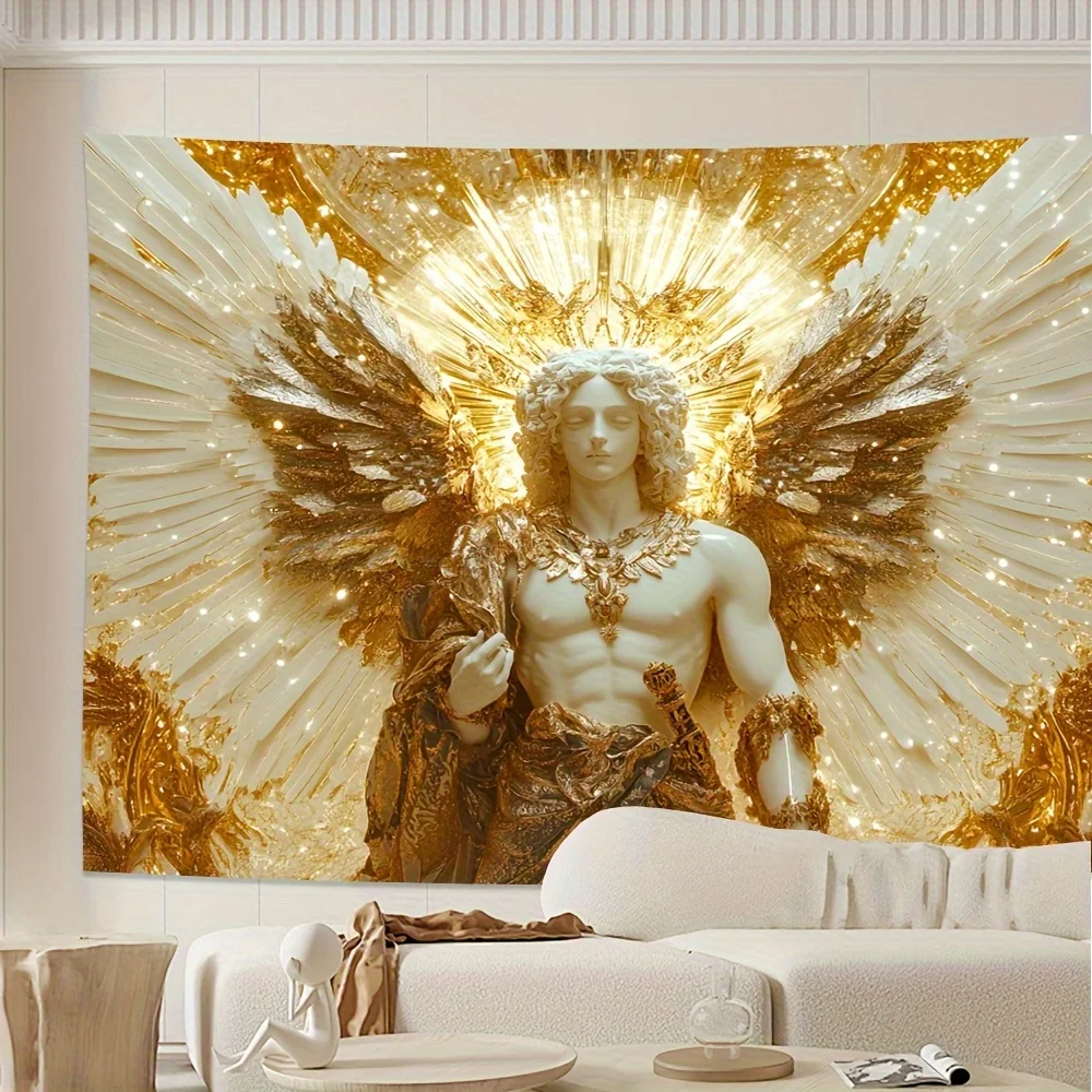 

Роскошный золотой и белый гобелен Saint Michael Angel — сложности небесного дизайна с сияющими звездами, высококачественная полиэстеровая ткань