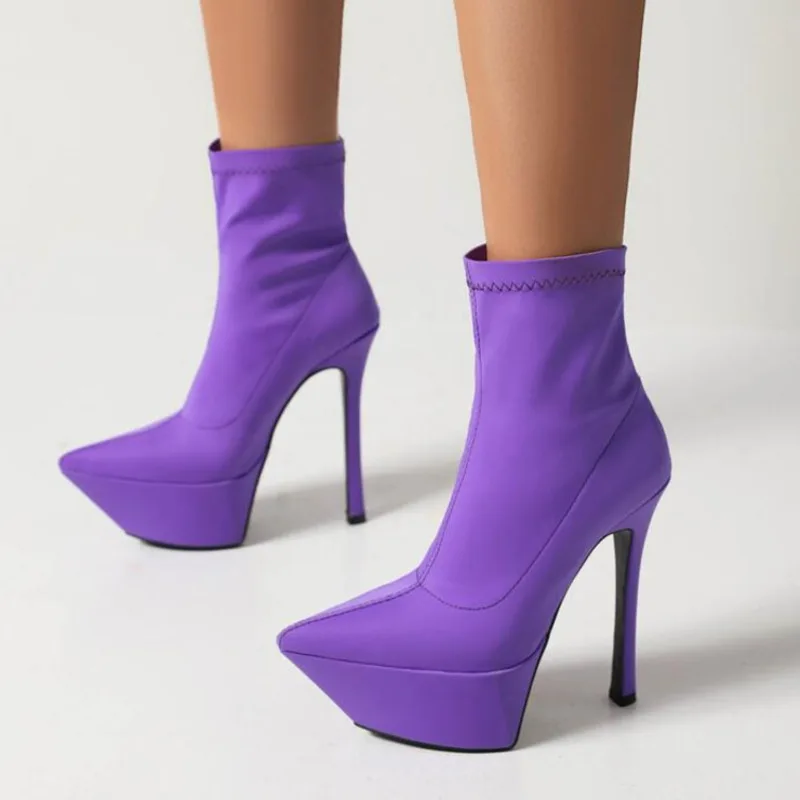 

Fashion Pointed Toe Platform Boots Sexy High Heels Silk Elastic Ankle Boots 2022 Winter Purple Rose Pink Dress Party Shoes