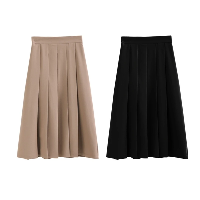 

Women Autumn Casual High Waisted Pleated A-Line Midi Long Skirt Office Lady Simple Solid Color Flowy Swing Skater Skirts