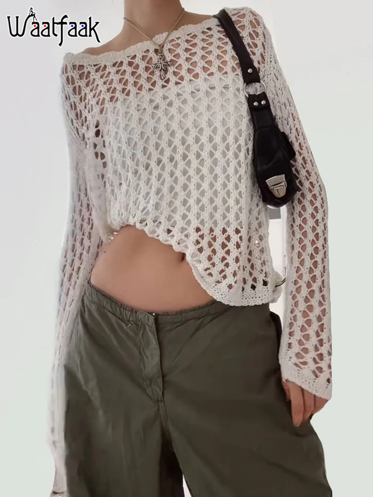 

Waatfaak Slash Neck Hollow Out Beach Knitted Tee Women White Pullover Long Sleeve See Through Vintage Y2K Aesthetic High Street