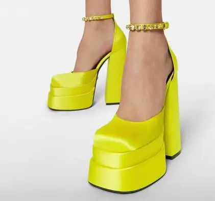 

Luxury Brand High Hees Aevitas Satin heels crystal-cut buckle ankle strap Square toe Covered platform midsole block heel shoes