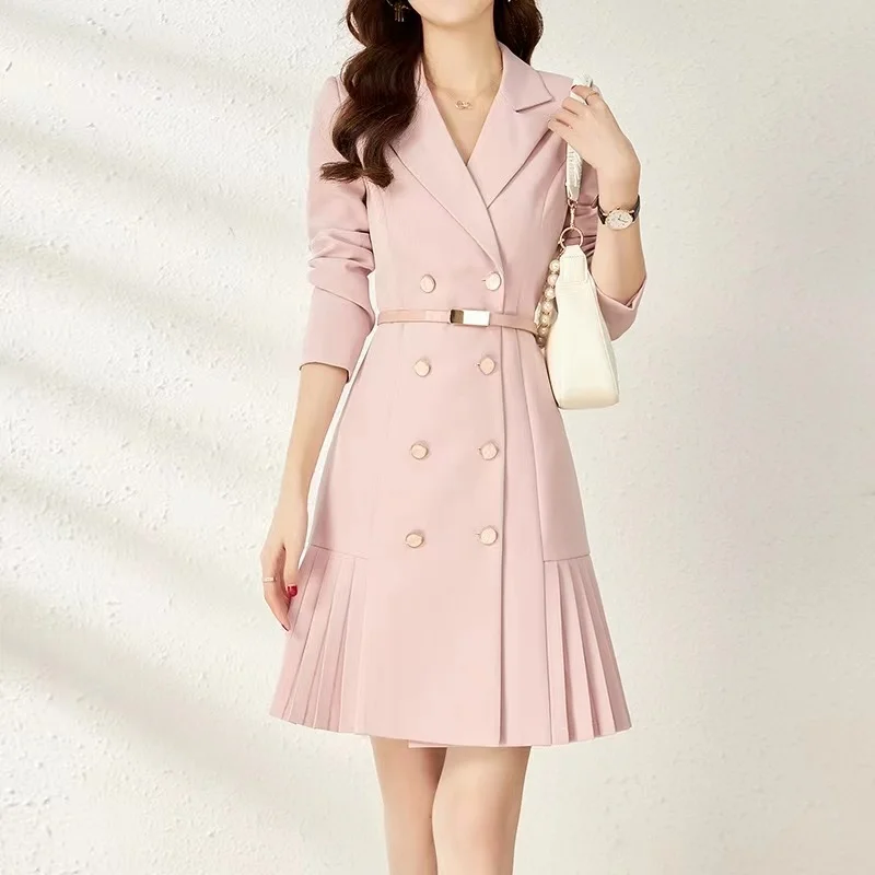 

Женское двубортное плиссированное платье-блейзер, розовое офисное облегающее платье с отложным воротником и поясом для осени