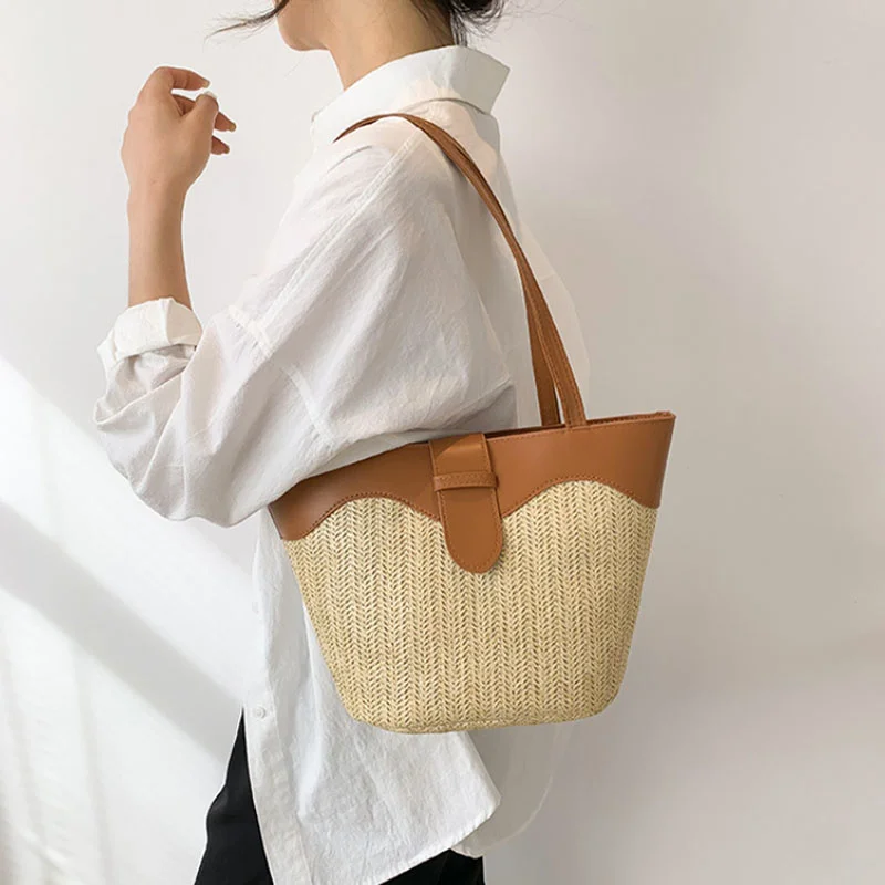 

Соломенные сумки-тоуты для женщин, повседневные дизайнерские дамские сумочки на ремне, вместительные пляжные тоуты