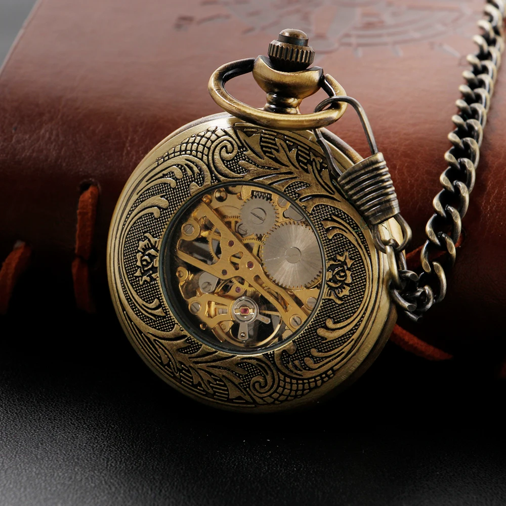 Bronze Engraved Mechanical Pocket Watch High Quality Unisex Necklace Timing Pendant Mens and Women's Pocket Watch Renoj