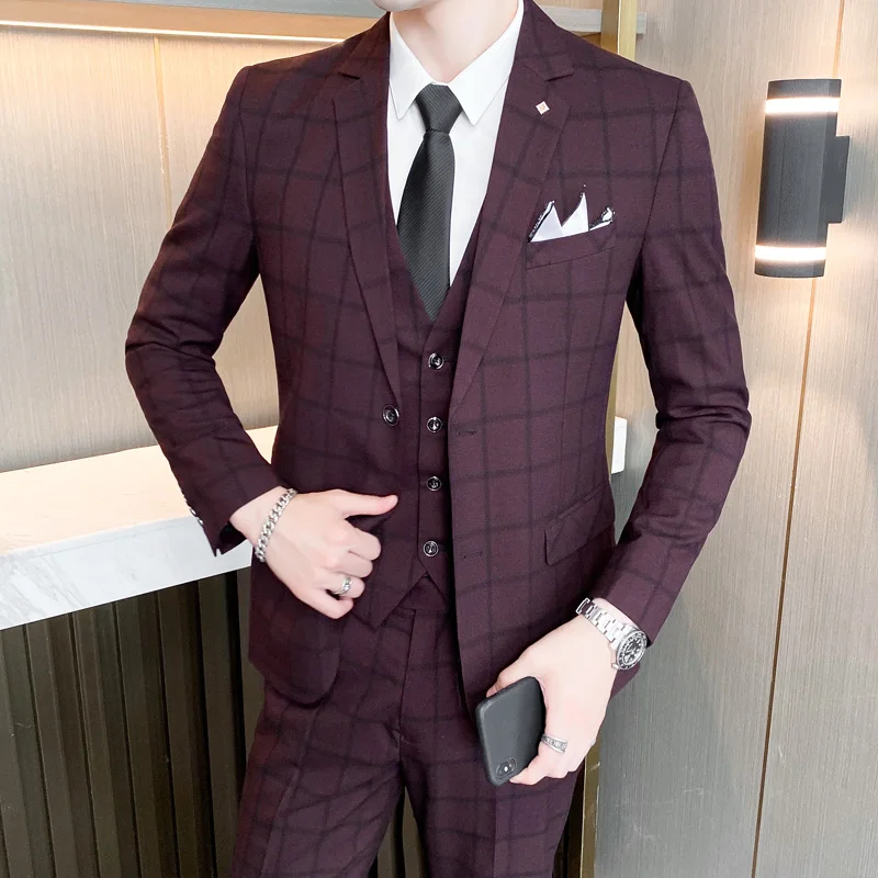 

Классический Клетчатый костюм бордового цвета 2022, Мужская любимая одежда, воротник с лацканами, деловой костюм подходит для всех случаев, Лидер продаж, 3 шт.