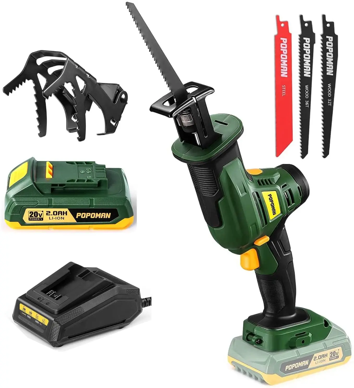 

POPOMAN 20V Cordless Reciprocating Saw with Clamping Jaw, 0-2800 SPM Variable Speed, with 2.0Ah Battery Metal wall plate