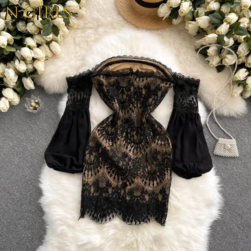 

N GIRLS2022 Highstreet Style Sexy Slash Neck Mini Dress Woman Temperament Puff Sleeve Vesitdos Party Club Short Pencil Dresses