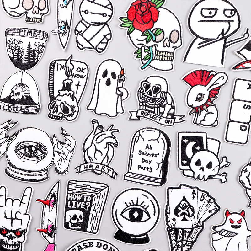 

Skull Punk Embroidery Patch Iron On Patches For Clothing White And Black Hip Hop Embroidered Patches For Clothes Stickers Badges