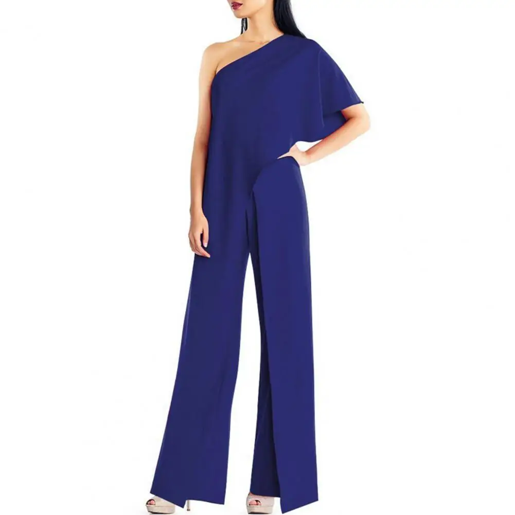 

Women Summer Long Jumpsuit Slant Collar Single Short Sleeve Solid Color High Waist Split Wide Leg Gown Jumpsuit