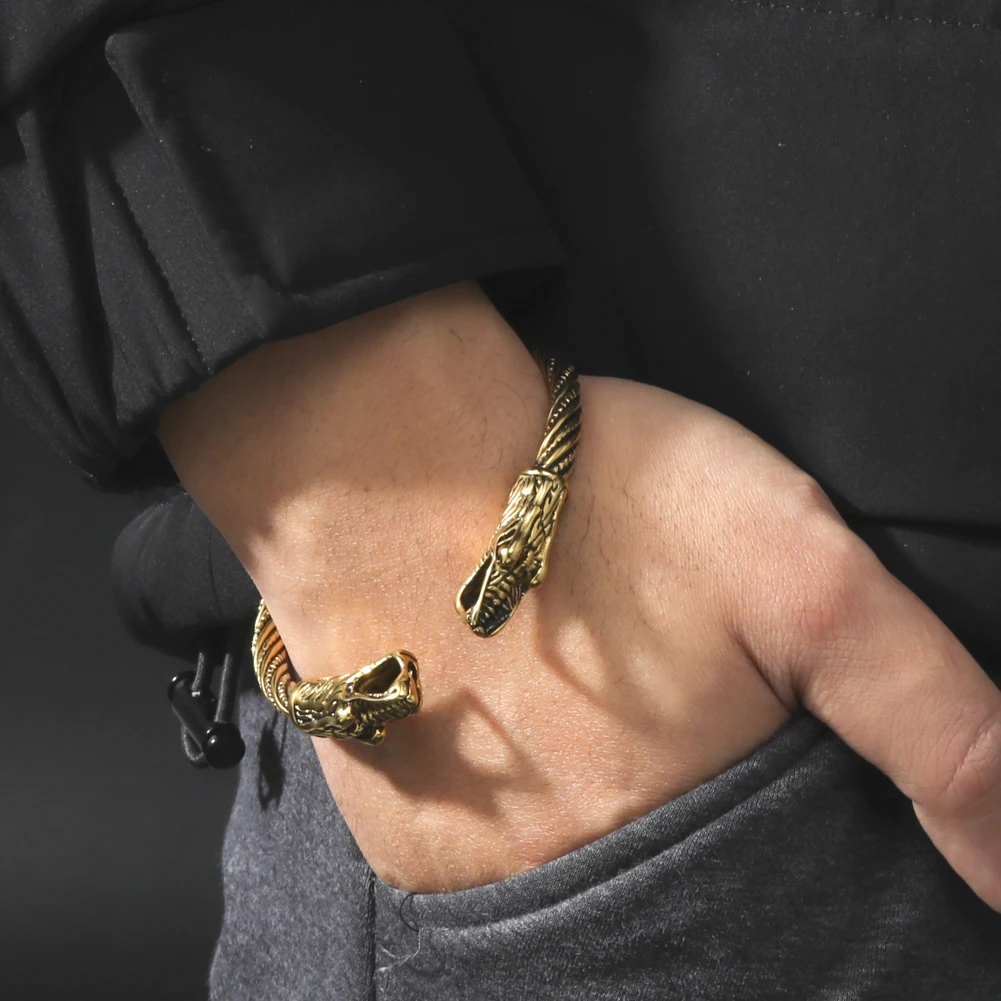 Винтажный старинный браслет с двойной Головой Дракона викингов модные мужские