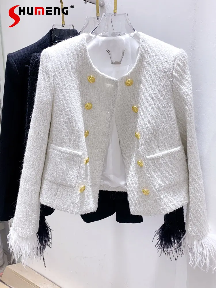 

Women's Feather Sleeve Short Wool Tweed Coat 2022 Autumn and Winter New Korean Fashion Long Sleeve Furry Jacket Women Outer Wear