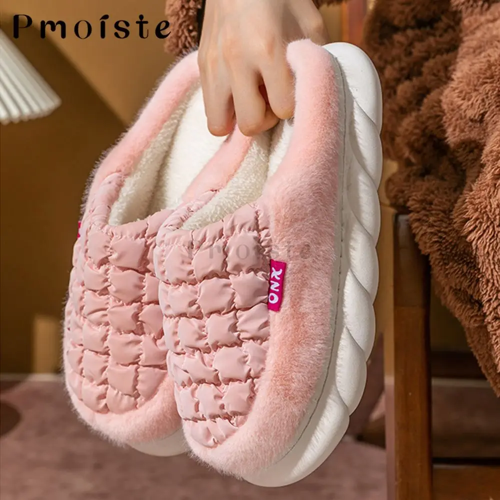 Furry Women Home Slippers Down Cloth Gingham Female Indoor Slippers Soft Fashion Platform Shoes with Fur Couples House Slippers