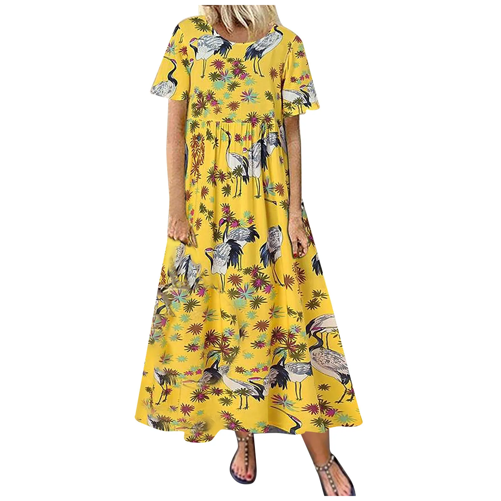 

Элегантные платья для женщин 2022 модное Платье с круглым вырезом и богемным принтом Женское Свободное Платье с коротким рукавом длинное Пла...