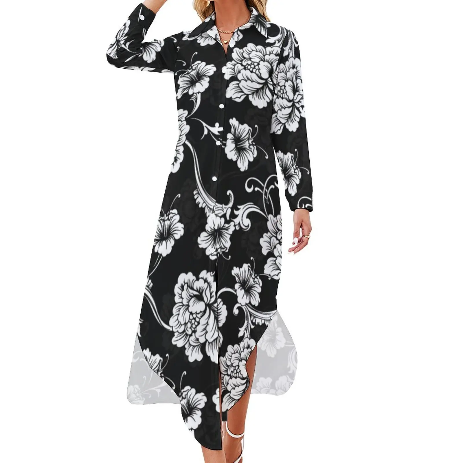 

Шифоновое платье с цветочным принтом, длинным рукавом и V-образным вырезом