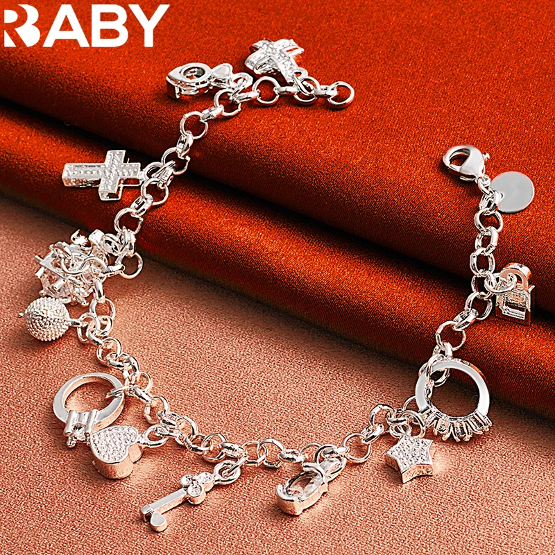 

925 Sterling Silver Cute Charm Heart/Moon/Cross/Star/Lock/Key Chain Bracelet For Woman Fashion Wedding Party Girl Jewelry Gift