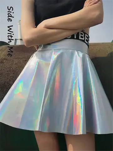 Jo's Magia Box Y2k Holographic Pleated Sexy Women Mini Skirts PU Rainbow Laser Harajuku Party Club High-waisted Women's Skirts
