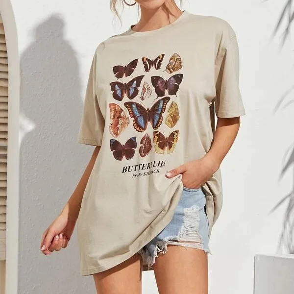 

Large Women's 2022 Summer New Loose Thin Medium Long Butterfly Print Casual Round Neck Short Sleeve T-shirt Tops Tees E Girl