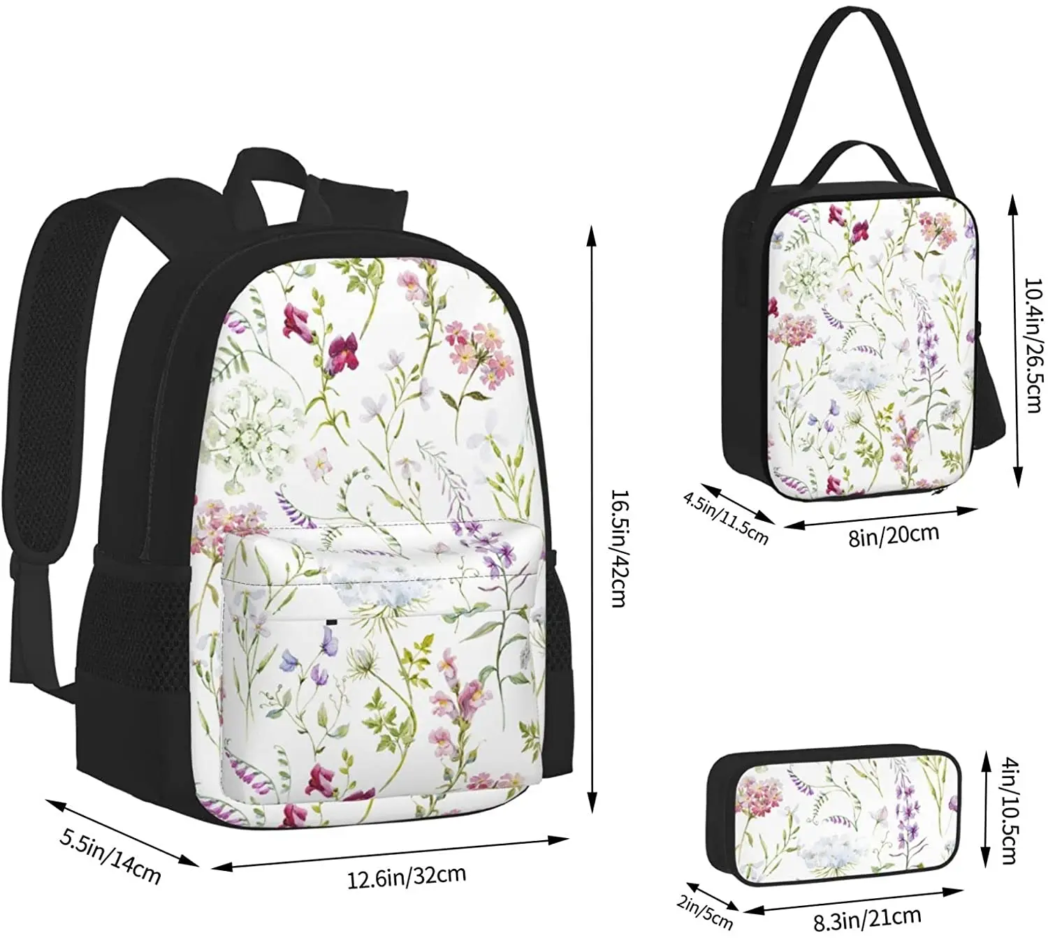 3Pcs Colored Floral Pattern Backpack Set with Lunch Box Pencil Case, School Book Bag for Preschool Elementary Kids Boys Girl