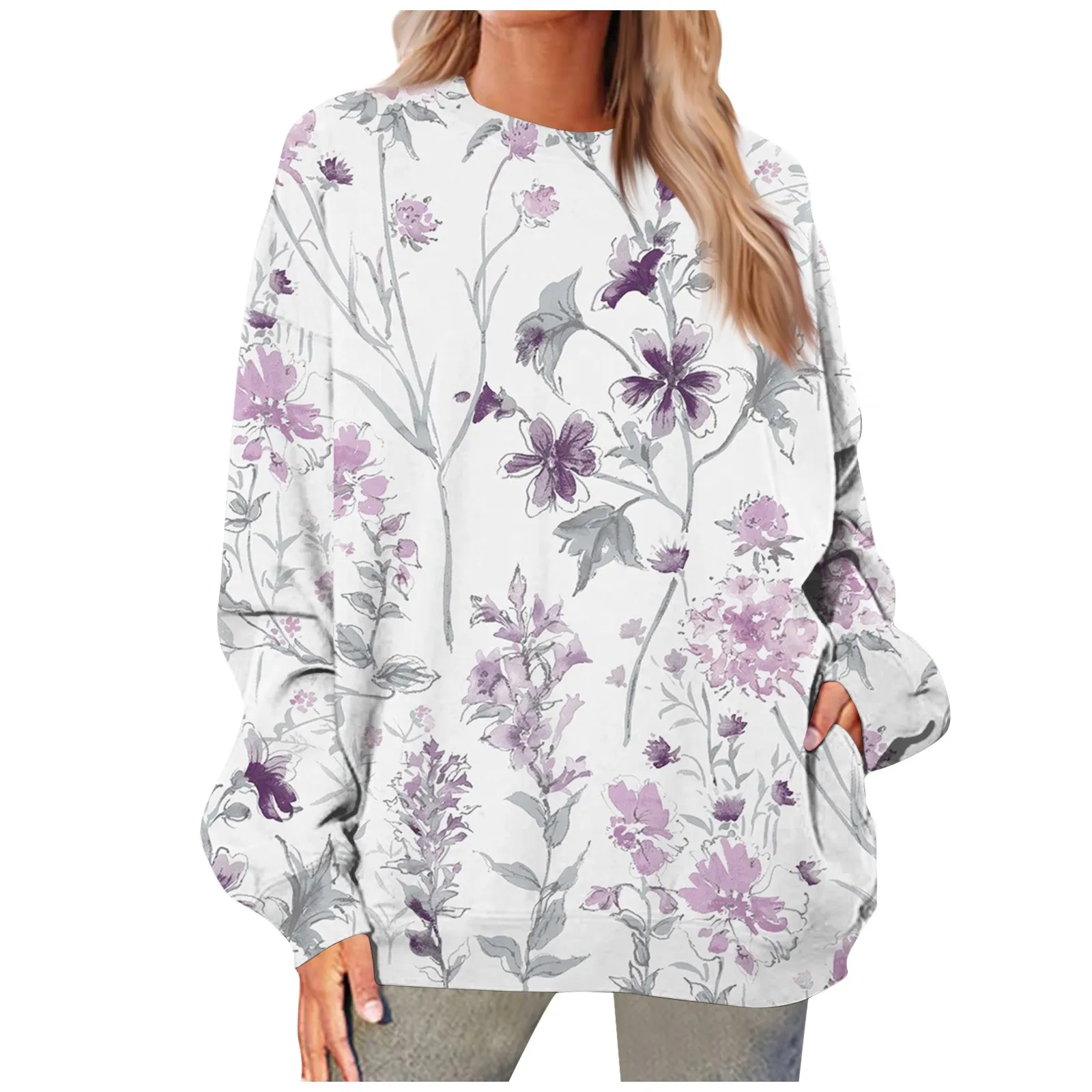 

Женский топ, осенняя футболка, элегантный Свободный Повседневный пуловер с длинным рукавом и круглым вырезом, с цветочным принтом, модная женская блуза 2023