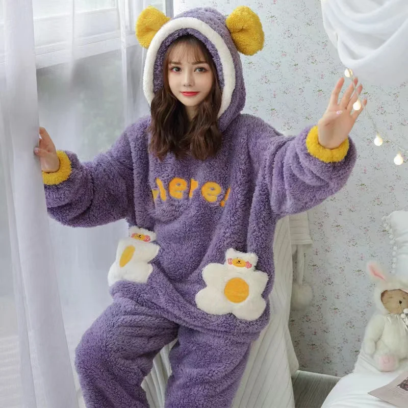 Pajamas Set Winter Sleepwear Thick Warm Flannel 2 Pieces/Sets Hooded Sweet Cute Long Sleeve Female Homewear Pyjamas Suits