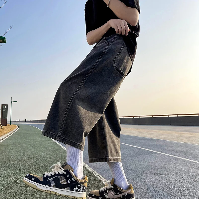 Summer 4 Colors Jeans Men's Fashion Casual Oversized Straight Jeans Men Streetwear Hip Hop Loose Cropped Pants Mens Denim Shorts