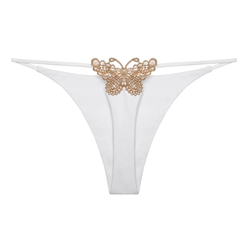 

Double Layer Thin Strap Sexy Thong Butterfly Embroidery Low Waist Sexy Bikini Cotton Panties T-back T-back Underwear for Woman