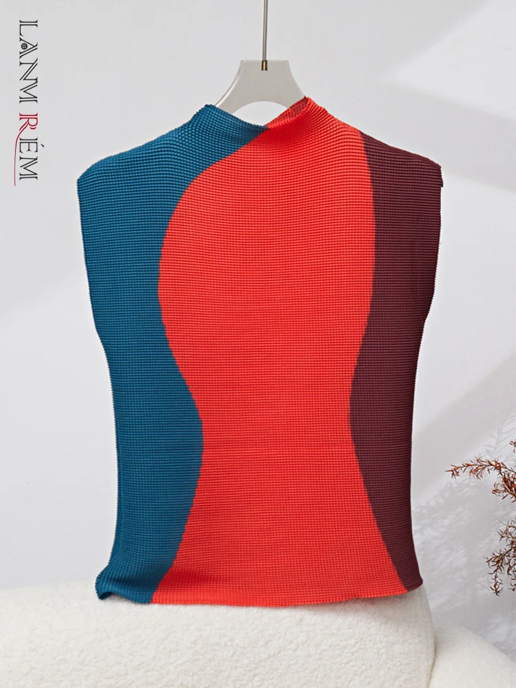 

LANMREM Contrast Color Printed Pleated T-shirt For Women Turtleneck Sleeveless Slim Thin Tops Female Clothing 2023 New 32D161