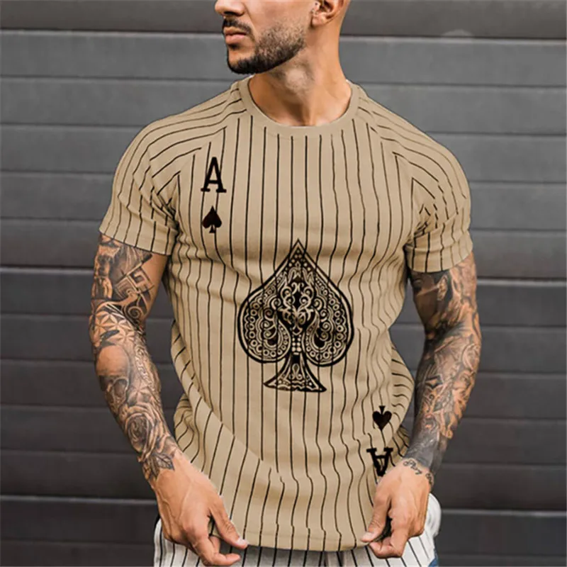 

Men's Striped T-shirt Round Neck Fashionable Poker Letter Printed Polyester Shirt Short SLeeved Men's Clothing Top