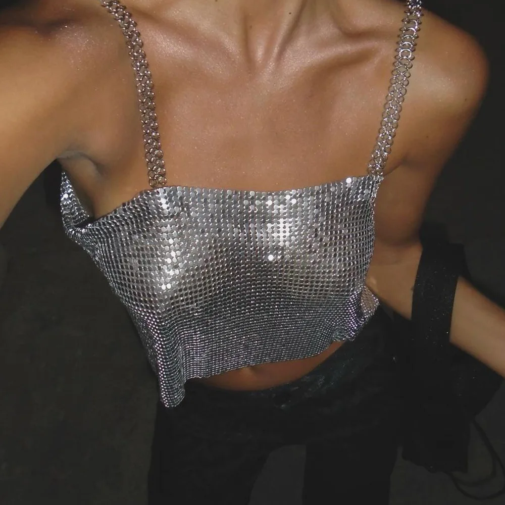 

2023 New Sequin Shiny Crystal Chain Tank Top Glitter Sexy Women Metal Mesh Halter Metallic Strap Crop Tops Festival Party