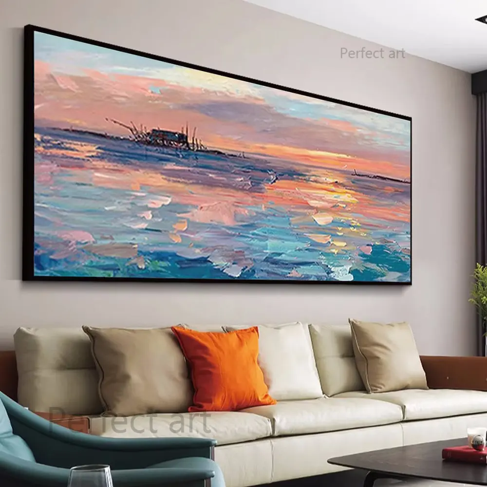 

100% Hand-painted Oil Painting Modern Sea View Sunset Texture Home Decoration Living Room Bedroom Porch Corridor Mural Wall Art