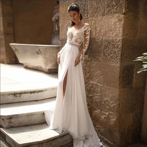 Long Sleeve Wedding Dresses 2022 Bohemia Side Split V-Neck A-Line Elegant Bridal Gown For Women Sexy Open Back Custom Made