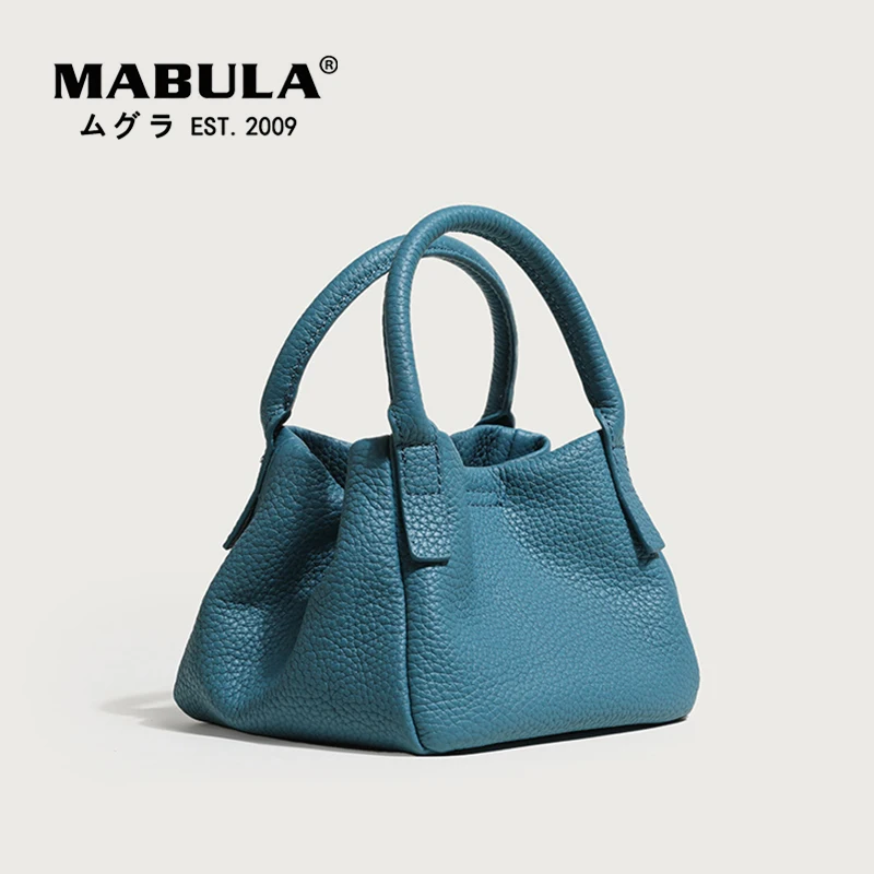 MABULA Sky Blue Cow Leather Bucket Purse for Women Small Fashion Top Handle Handbag 2022 Genuine Brand Crossbody Bag