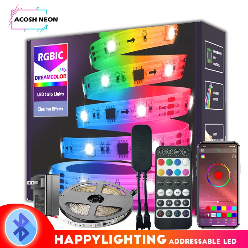 65.6ft Bluetooth RGBIC led Strips with App Control ws2811 Addressable LED Strip With RF Remote Control For Home Decor Room
