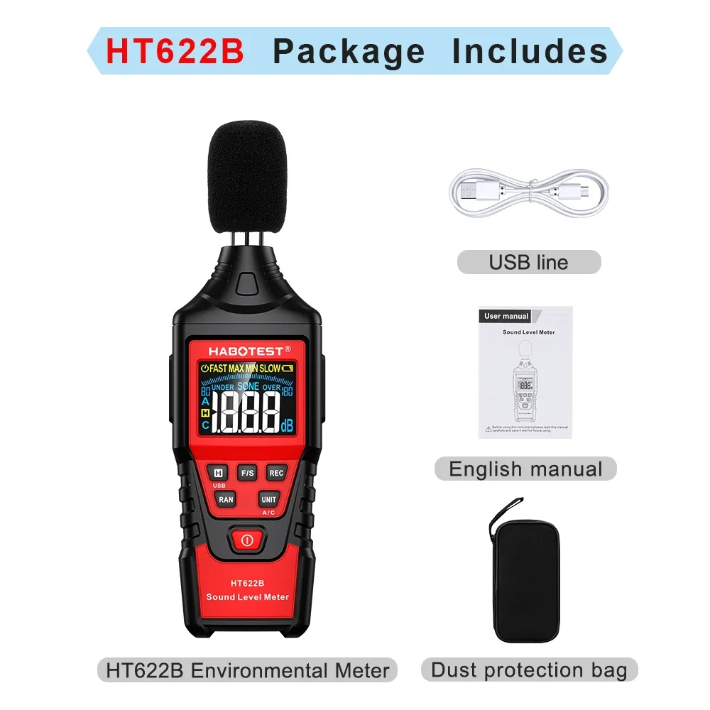 

HABOTEST HT622 Измеритель уровня звука Портативный измеритель SPL от 30 до 130 дБА Прибор для измерения громкости шума звука Измеритель децибел