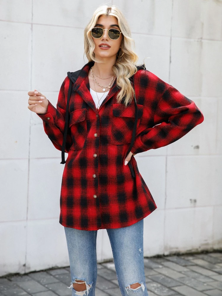 

Женская клетчатая куртка с капюшоном, новинка осень/зима 2023, женская рубашка с капюшоном и длинными рукавами в клетку, матовая куртка