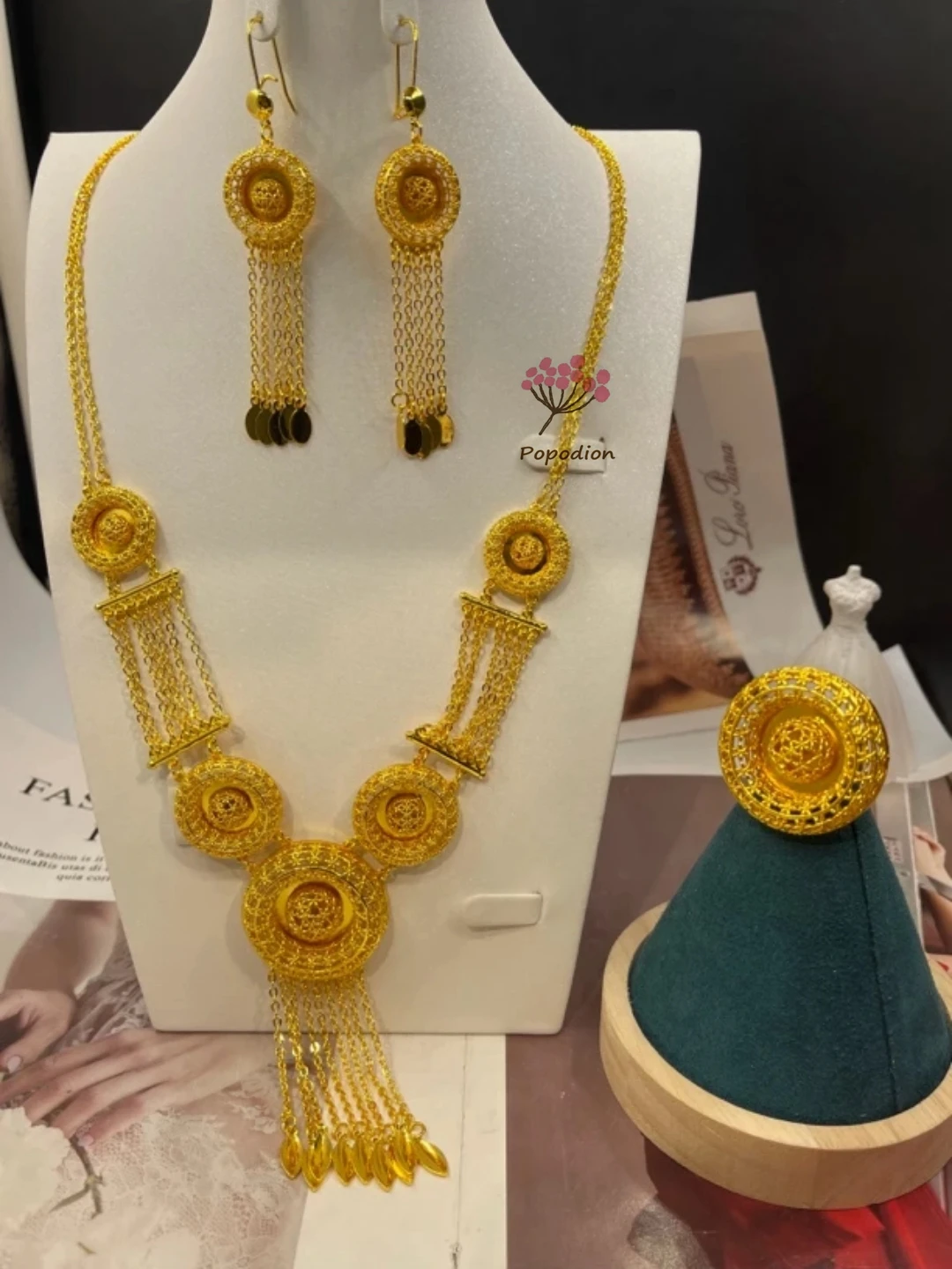 Новое Дубайское 24-каратное позолоченное ожерелье серьги и кольца для женского