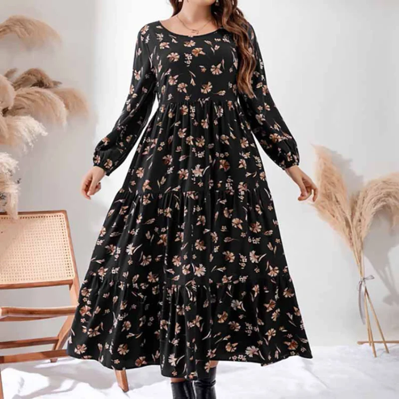 

Temperament Commuter Pullover Black Printed Long Dress New Middle Eastern Large Printed Dress