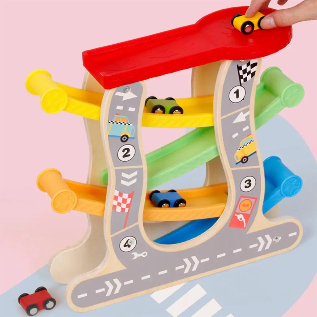 

Wooden Car Ramp Toy with 4 Wooden Cars Creative for Boys Girls 1 2 3 4