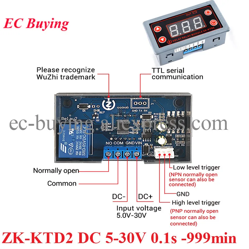 ZK-KTD2 5A 5V 12V 24V DC 5-30V Fully Compatible Delay Relay Module Trigger Cycle Timing Industrial Anti-Overshoot 0.1s-999min