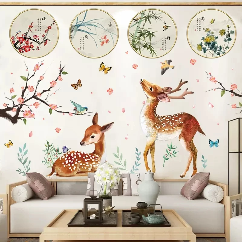 

[SHIJUEHEZI] наклейки на стену с китайскими растениями, «сделай сам», цветы, олень, настенные наклейки для гостиной, спальни, детского сада, украшение для дома