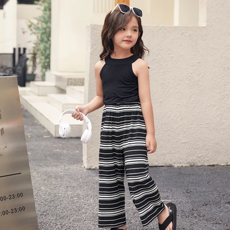 

Kid Girls Clothing Set Summer Fashion Stretch Sling Top Striped Wide-legged 2Pcs Children Outfit Suit 1-7Y