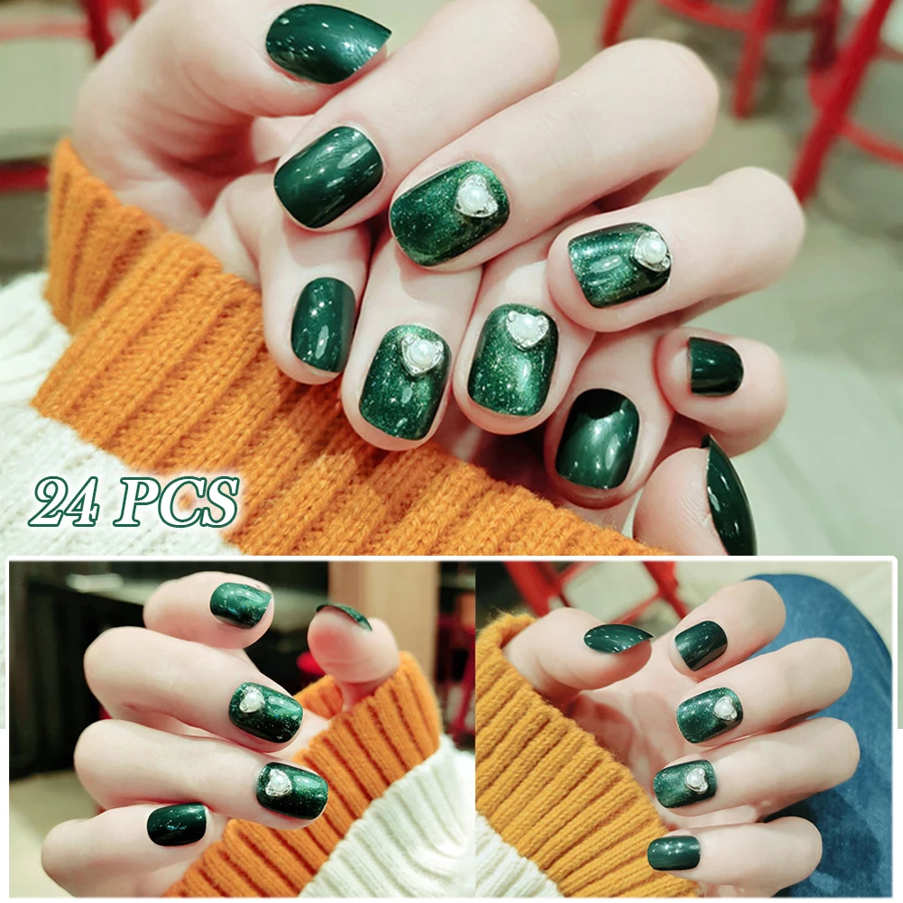 

Горячая распродажа 24 шт. блестящие искусственные ногти с жемчугом, инкрустированные полностью покрывающими ногтями, наборы для ежедневног...