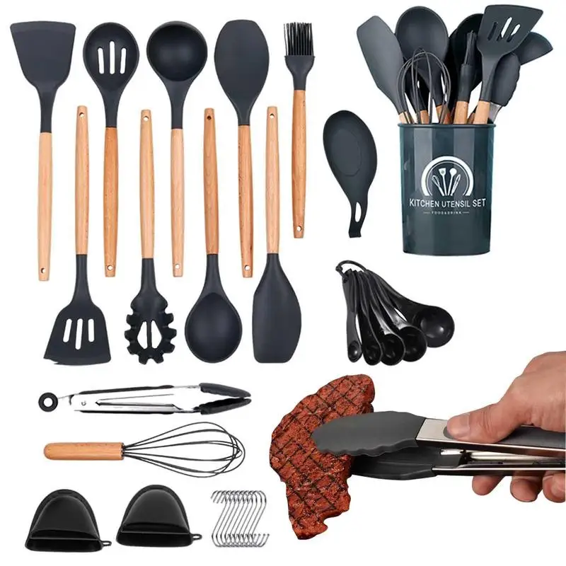 

Cooking Utensils Set 30 Pack Silicone Cooking Utensils Set With Wooden Handle Heat Resistant Nonstick Silicone BPA Free Kitchen